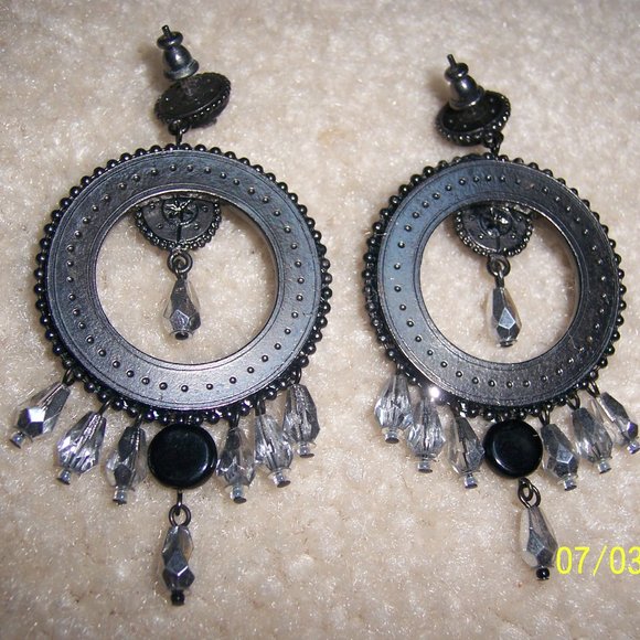 SATELLITE PARIS BLACK/ SILVER SEQUINS & CRYSTALS STATEMENT HOOP EARRINGS NEW - Picture 2 of 4